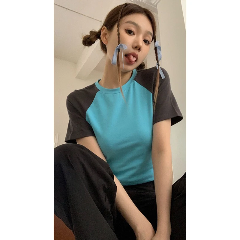 

American Retro Summer Sexy Contrast Color Camiseta Women High Waist Short Tshirts Y2k Slim Tees Crop Tops O Neck Patchwork