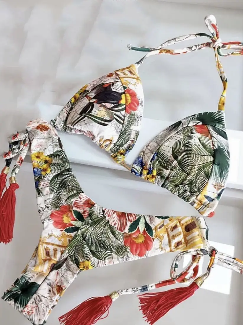 Комплект бикини женский с чашками пуш-ап Бразильский купальный костюм принтом