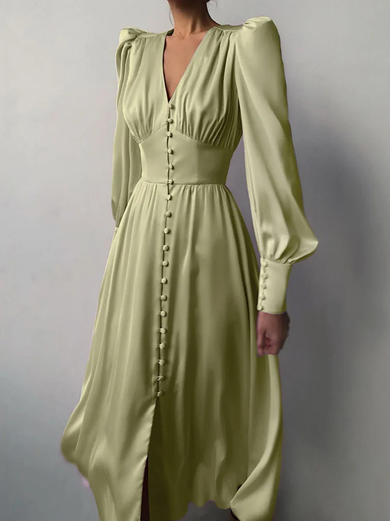 

Элегантное женское осеннее платье-корсет до середины икры с V-образным вырезом и рукавами-фонариками однобортное Атласное Вечернее праздни...