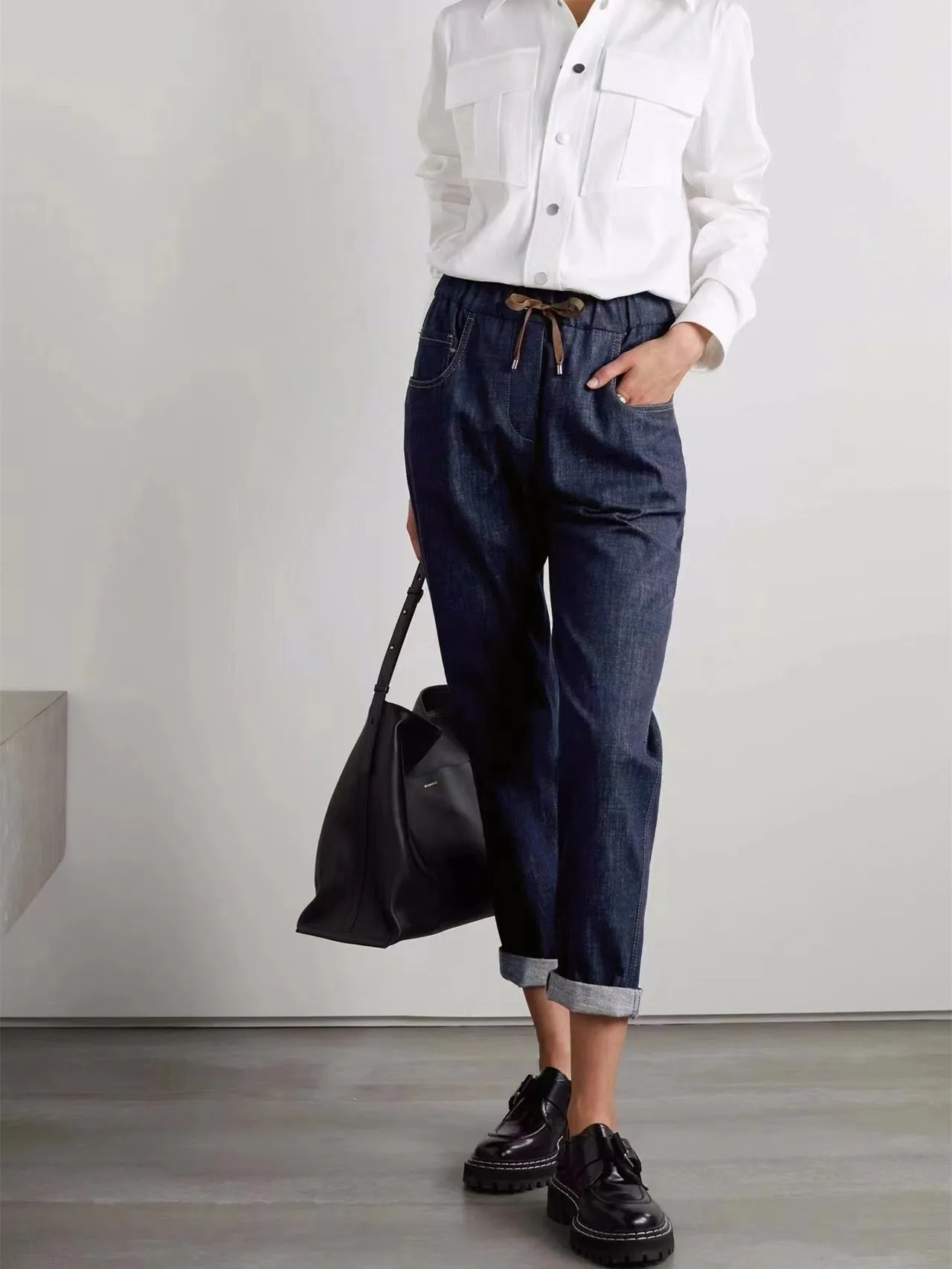 Spring Summer Women Casual Jeans Elastic Waist Lace-up New Fashion Female Denim Trousers with Pockets