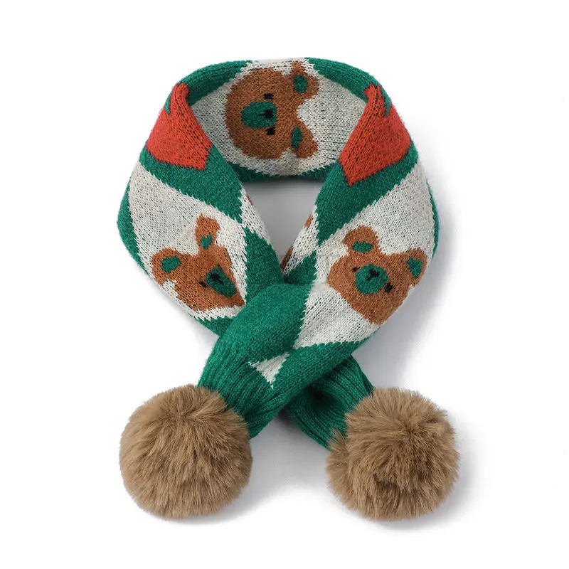 

Children Scarf Autumn Winter Toddler Boys Girls Pompom Cross Knitting Wool Scarves Baby Cartoon Bear Wild Warm Scarfs