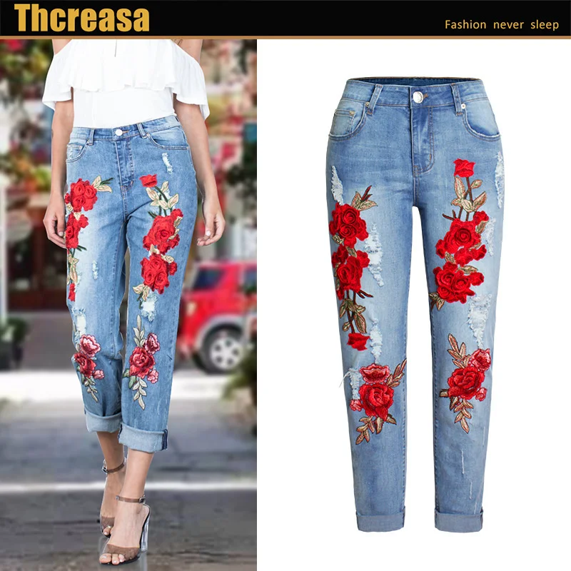 

2023 Women's Elastic Loose Jeans Women's Trousers Color Flowers 3d Three-dimensional Embroidery Pierced Jeans