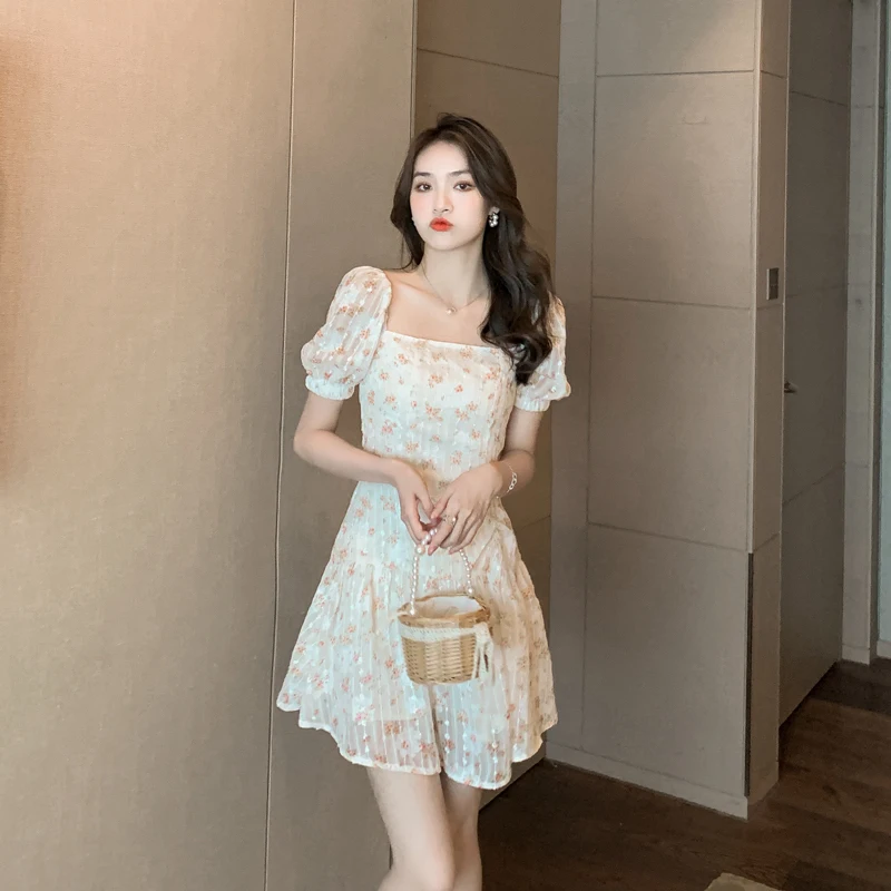 

COIGARSAM Women's Summer Dress 2022 New Cute Chiffon Floral Print High Waist Apricot Dresses Dropshipping
