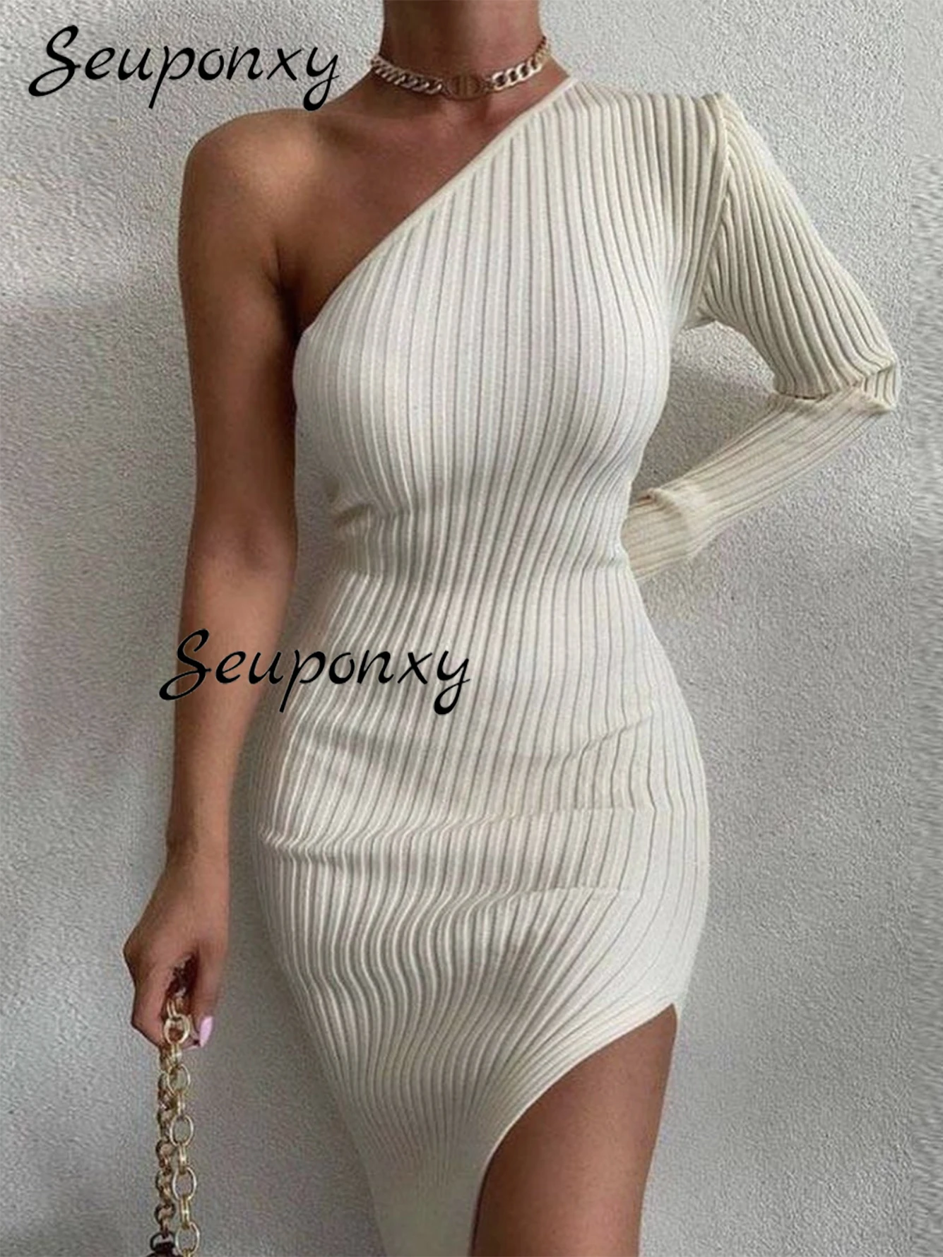 

High Quality Autumn Fashion Sexy One Shoulder Long Sleeve Bodycon High Split Knit Dress 2022 Elegant Women Casual Dress Vestidos