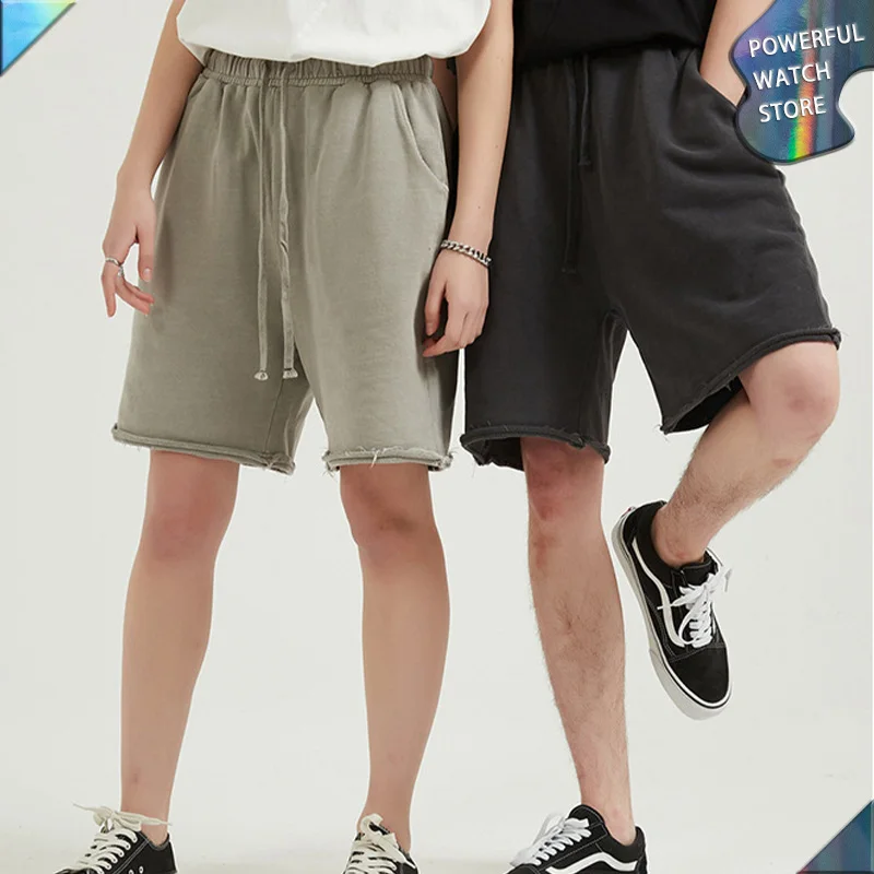 

summer Heavy washing retro raw edge shorts men's old dyed over-the-knee trendy Casual Loose Solid Color men's shorts sweatpants