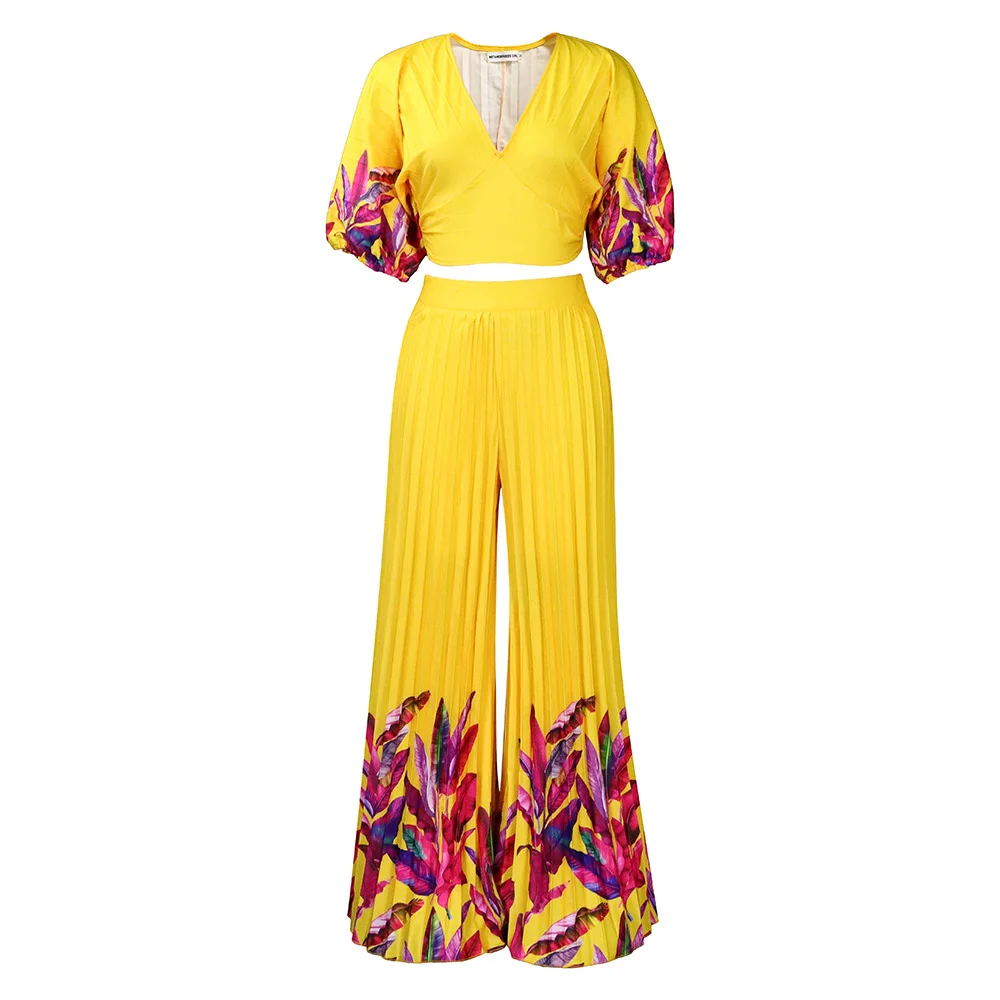 Plus Size Matching Sets Leaf Print V Neck Tops And Wide Leg Pants Female Luxury Fashion Cloth 2023 Summer Women Two Piece Sets