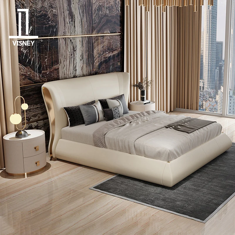 

Light luxury modern leather solid wood double bed master bedroom big bed Italian high-end villa furniture C3 new product