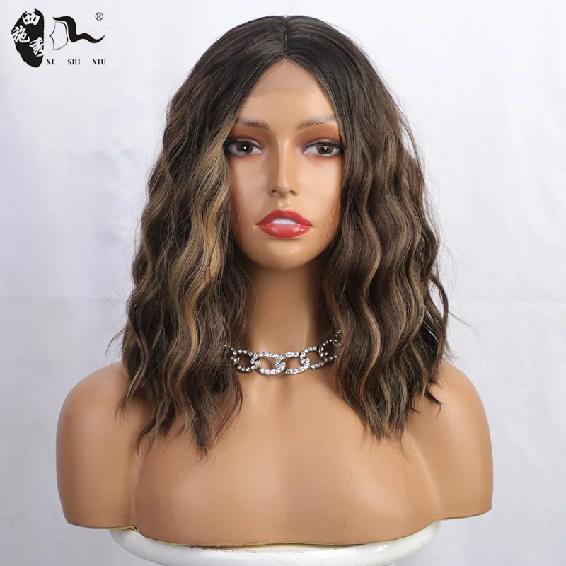 

XISHIXIUHAIR Lace Bob Wig Synthetic Deep Wave Curly Synthetic Lace Wig Mixed Blonde Color 12 Inch Hair Wigs For Women Cosplay