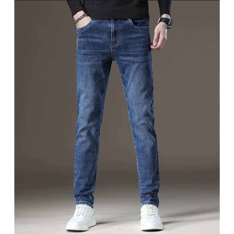 Street Style Men's 2022 Autumn Winter New Slim Fit Elastic Blue Pencil Pants Casual Denim Women's Plush and Thicken Jeans Street