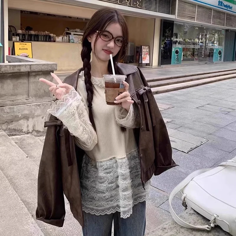 Милая рубашка с кружевным низом для девочек женская осенняя длинным рукавом