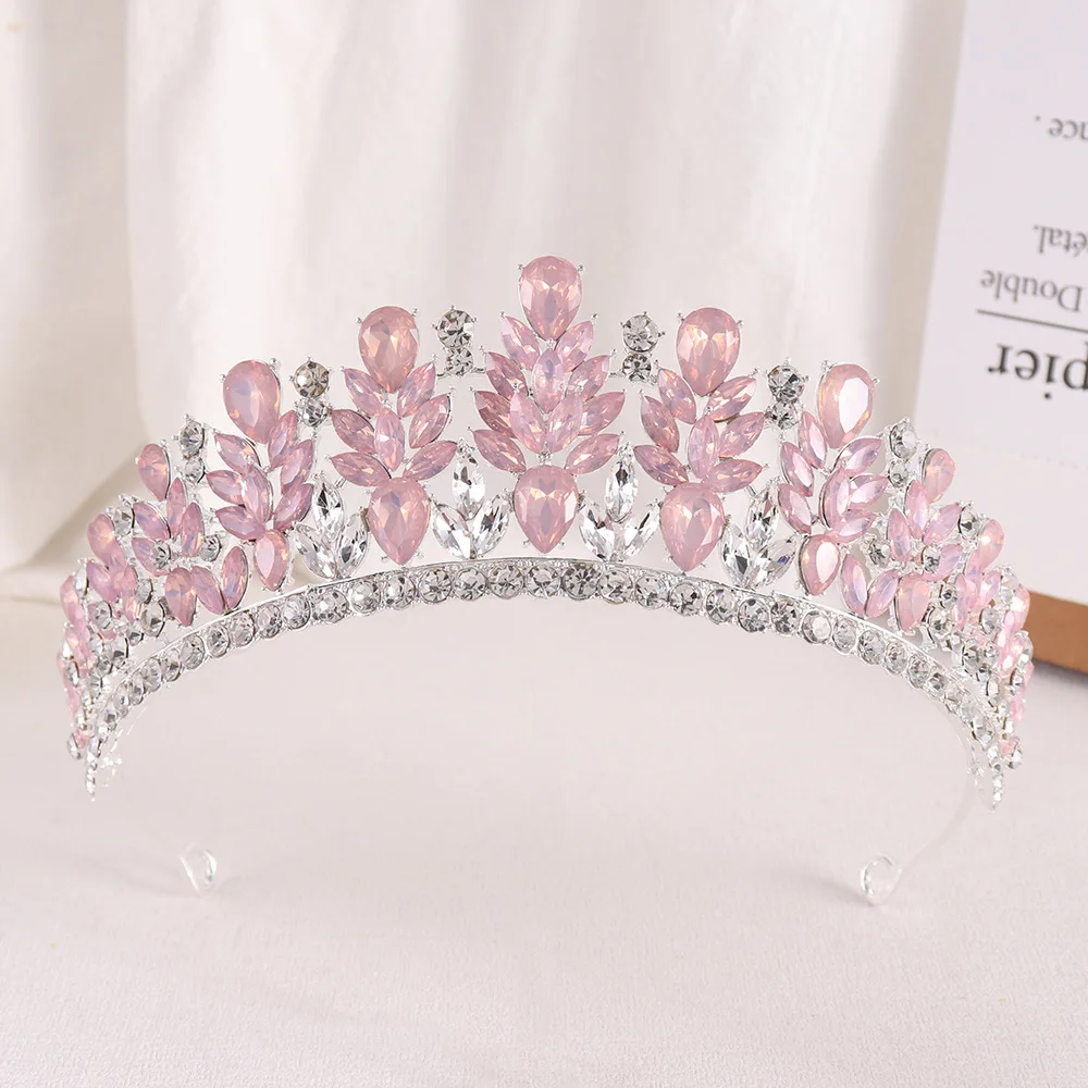 Pink Opal Bridal Tiaras Crowns Baroque Crystal Pageant Prom Diadem Bride Headbands Wedding Hair Accessories