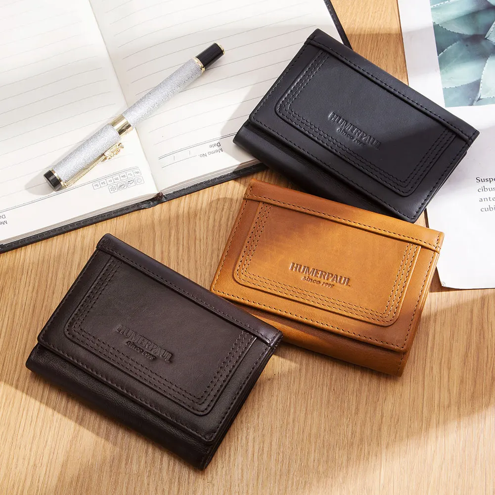 

2022 Genuine Leather Men Wallets RFID Blocking Mini Card Holders Luxury Tri-fold Short Clutch Money Bag with Zip Coin Purse