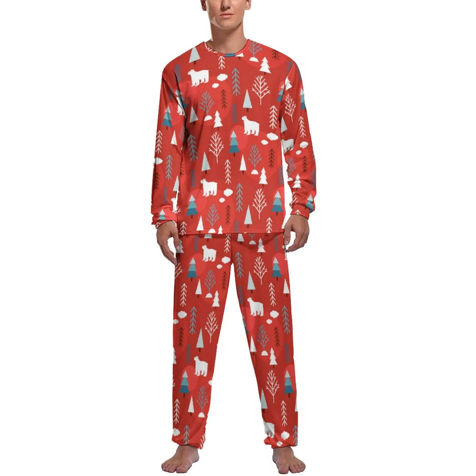 Christmas Holidays Pajamas Long Sleeve Winter Polar Bear 2 Pieces Room Pajamas Set Daily Man Pattern Cute Sleepwear