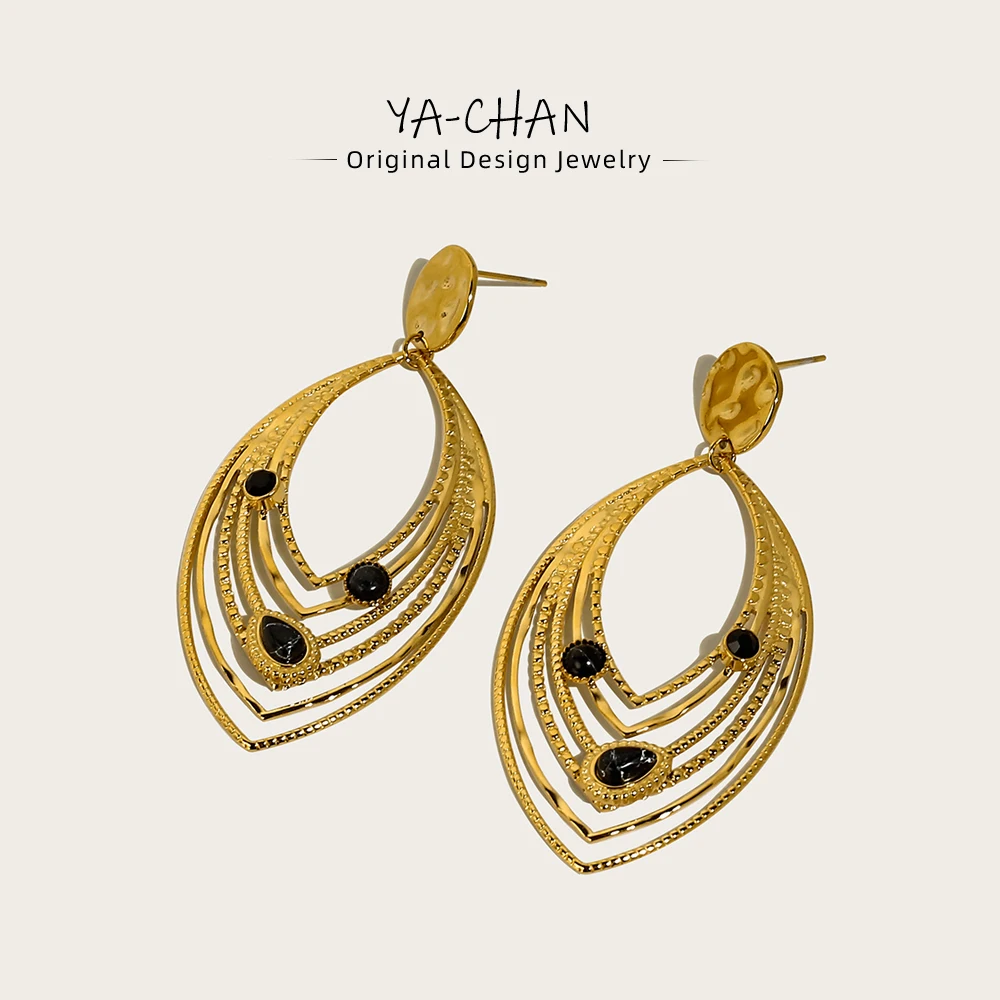 

YACHAN Luxury Black Natural Stone Stainless Steel Drop Earrings for Women 18K Gold Plated Dangle Earrings Aesthetic Jewelry