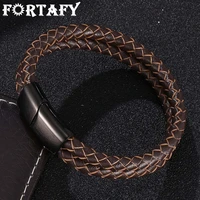 fortafy jewelry brown double braided leather rope bracelet vintage stainless steel magnetic clasp male wristband gifts fr0511