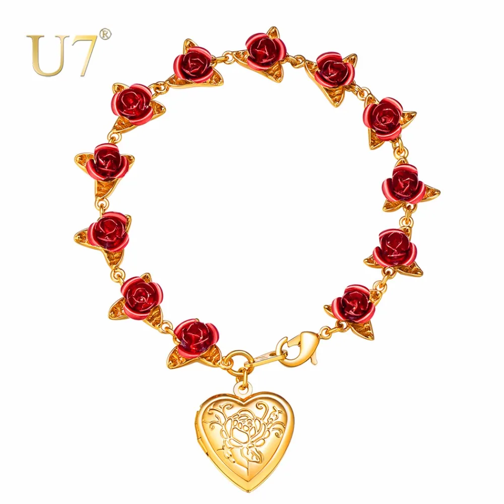 

U7 Women Bracelets Rose Flower Heart Locket Charm Bracelet Chain Girl Femme Wedding Bridal Jewelry Mother's Day Gifts