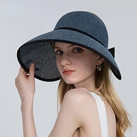 2022 new women large brim straw hat with bow fashion empty top floppy sun hats summer foldable hat beach upf uv cap female caps