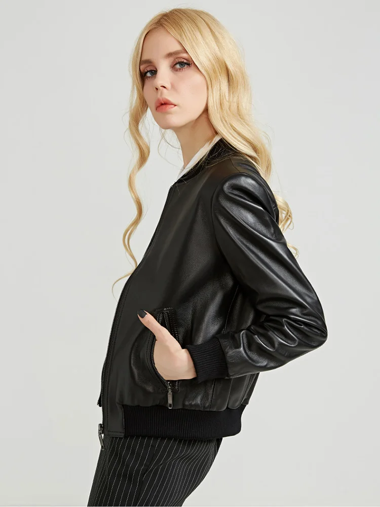 New Women Genuine Leather Coat Spring Autumn Fashion Casual Stand Collar Short Sheepskin Moto Jacket Slim Long Sleeve Outerwear