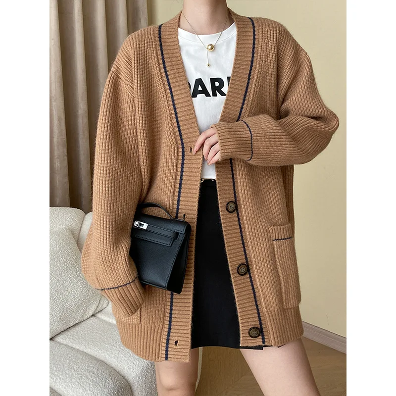 

Модный контрастный цвет осень-зима женский свободный силуэт плотный вязаный кардиган свитер