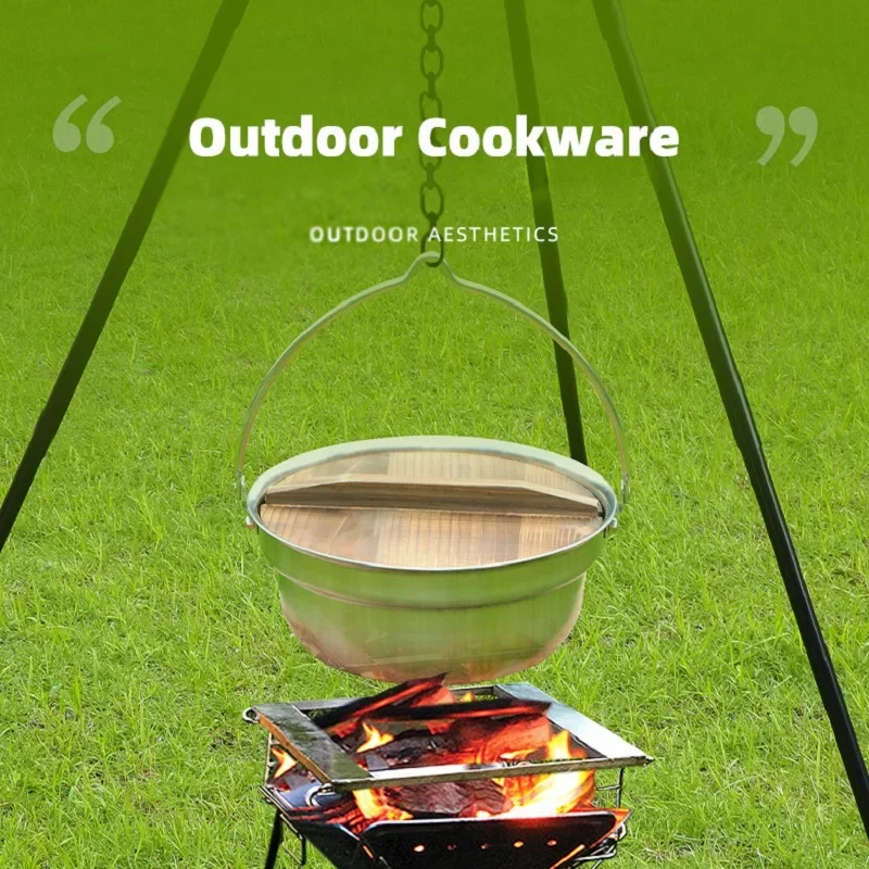 

Camping Hanging Cooking Pot With Wooden Pot Lid 304 Stainless Steel Outdoor Portable Hanging Cooking Saucepan Outdoor Cookware
