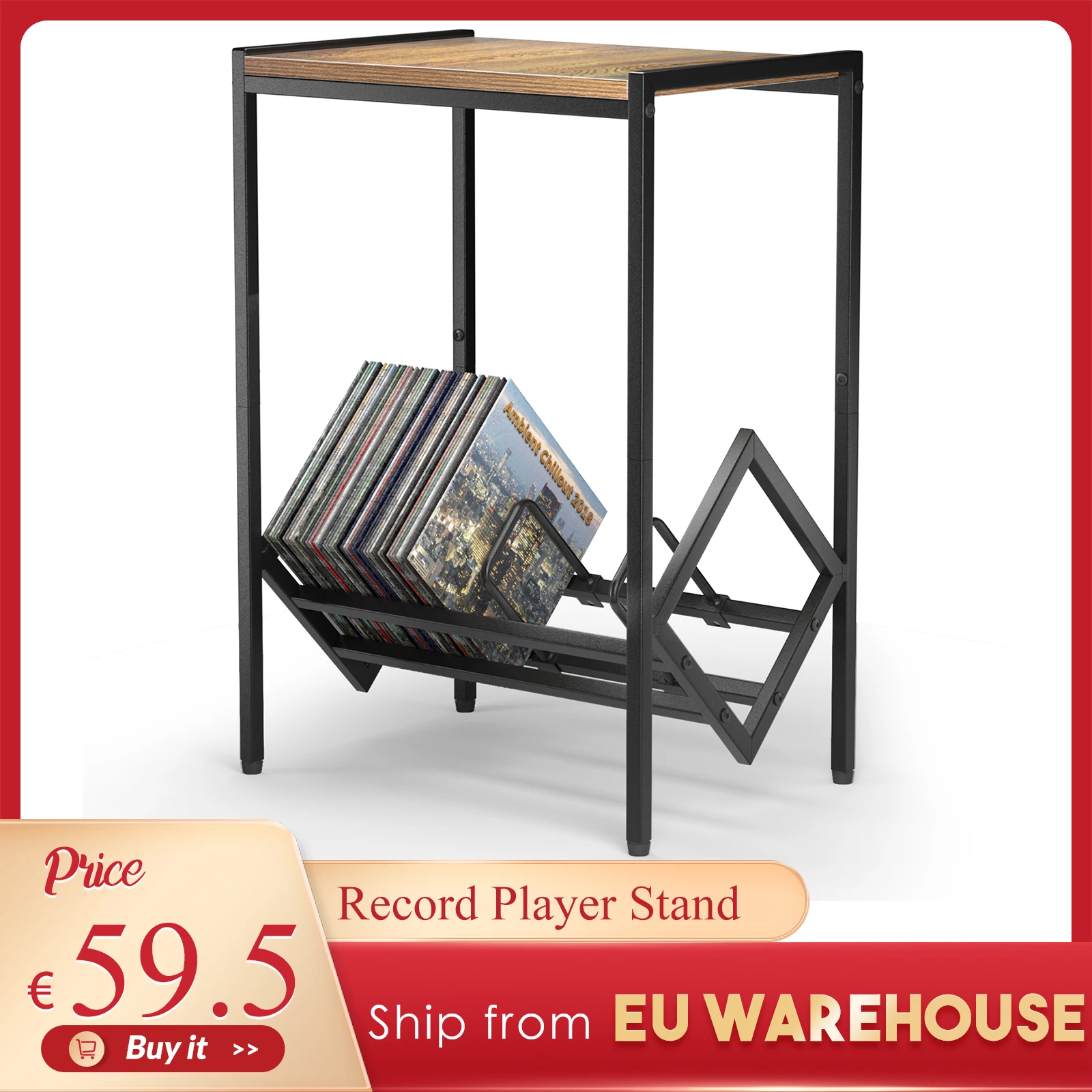 Record Player Stand with Storage Up to 80 Albums,Turntable Stand with Matte Black Metal Legs, Record Player Table