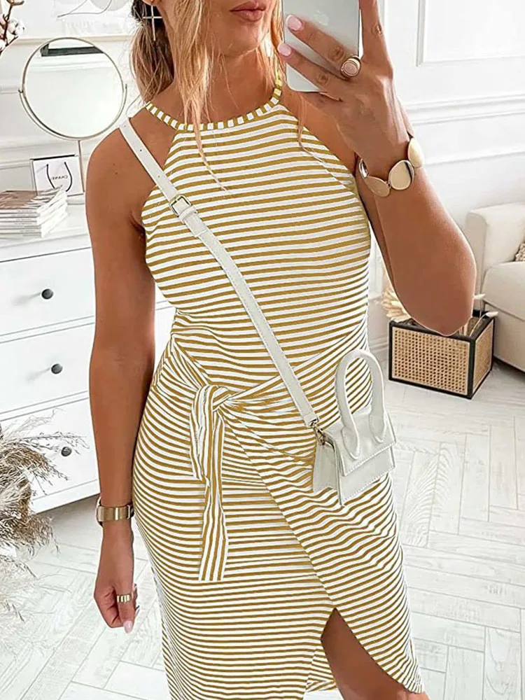 

Женское Повседневное платье с О-образным вырезом и лямкой на шее, летнее элегантное вечернее платье в полоску без рукавов, со шнуровкой и ра...