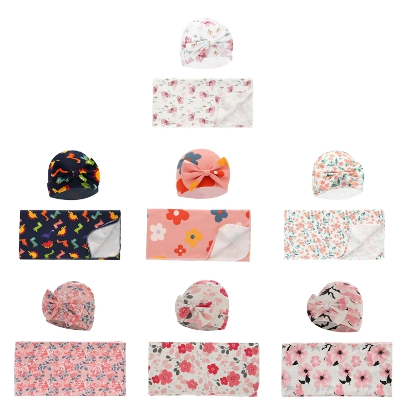 

Floral Print Newborn Baby Receiving Blanket with Hat Set for Infant