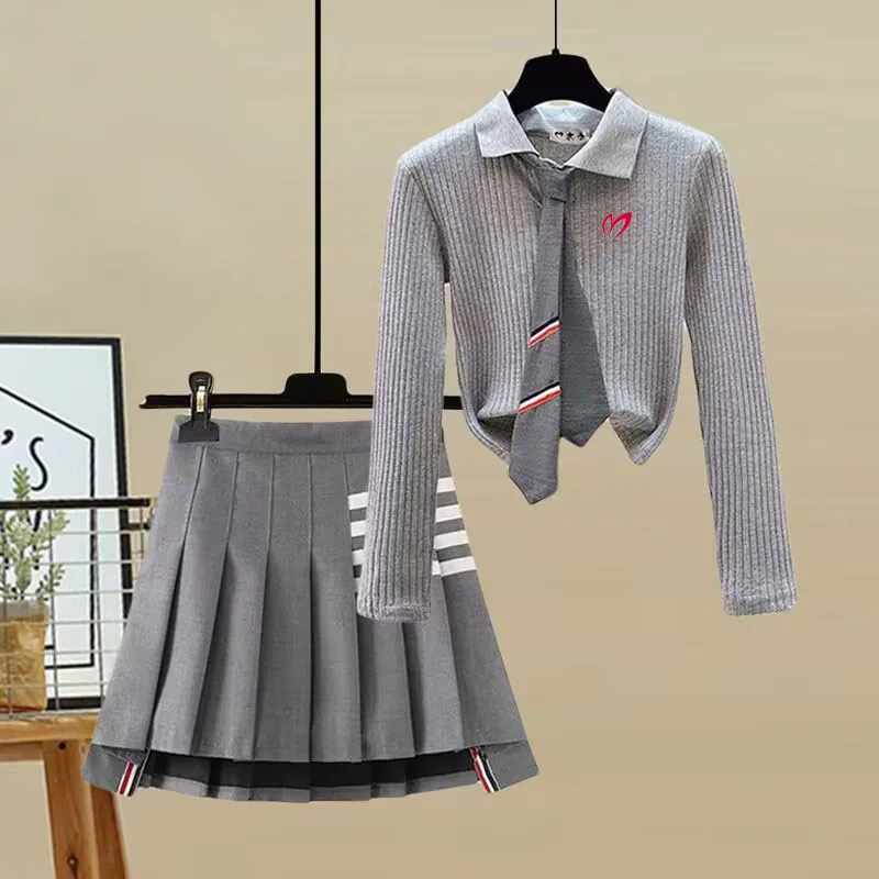 2023 spring and summer new polo sweater top+pleated skirt short skirt suit women's high waist slim A-line skirt golf skirt suit