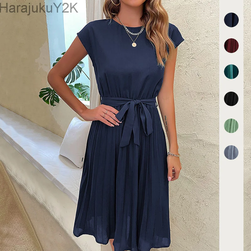 

Elegant Women Summer Casual Beach Sundress Short Sleeve Pleated Midi Dress Soild Colour O Neck Tunic Dresses Fashion