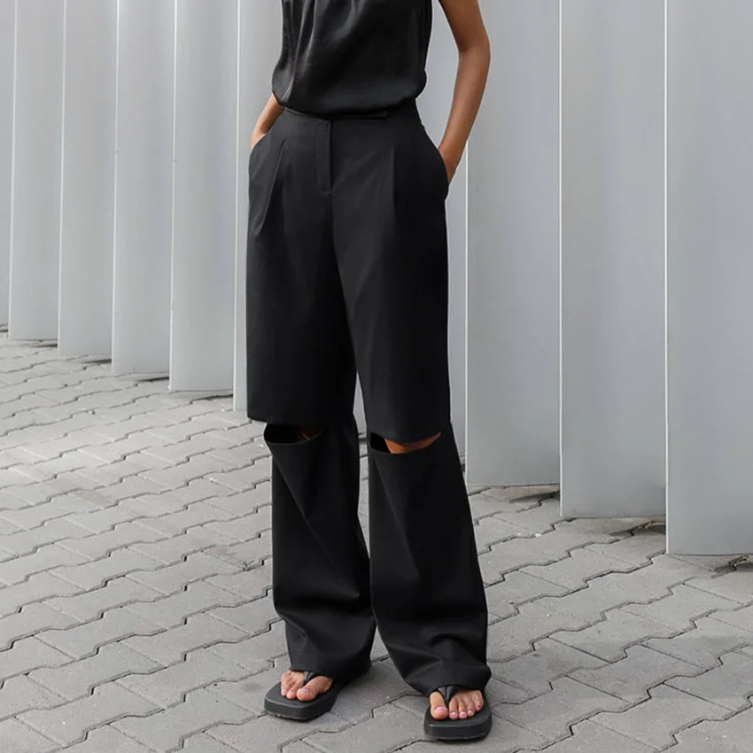 

2023 Summer New Women'S Straight Pants Fashion Design Sense Niche Black High Waist Pants With Holes