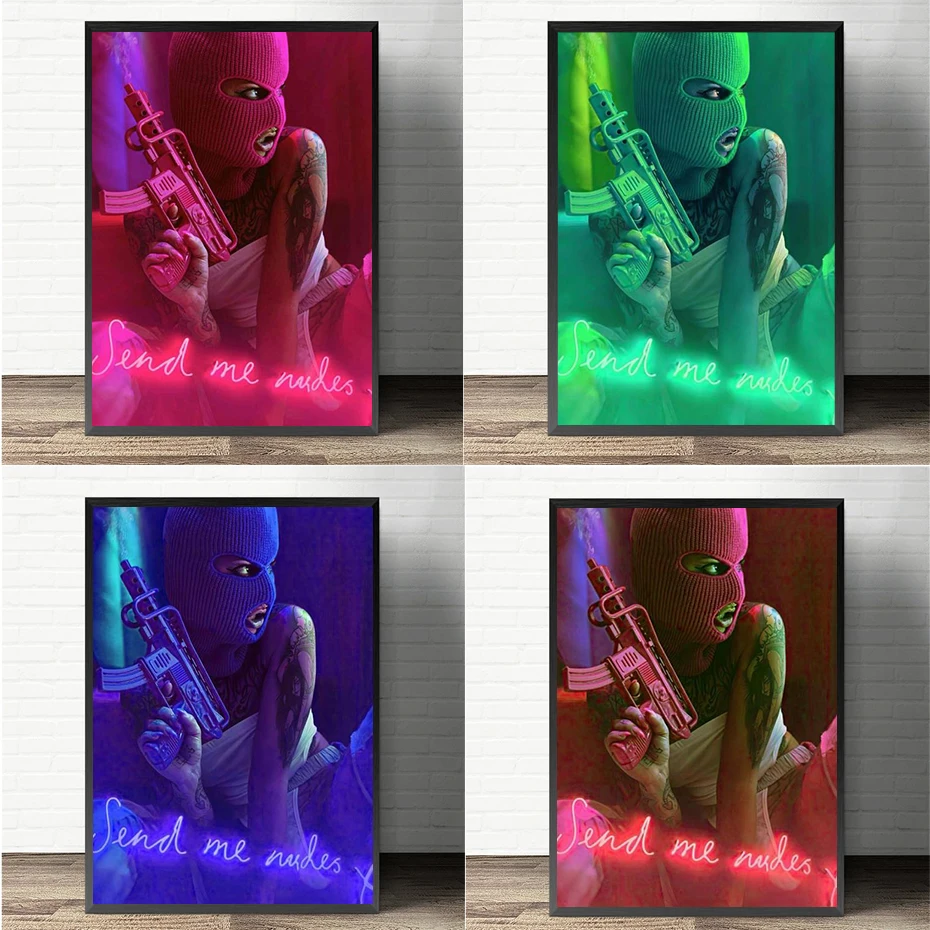 

Abstract Creative Masked Art Canvas Painting Take A Gun Girl Neon Sign Poster Print Red Green Blue Picture Living Room Cuadros