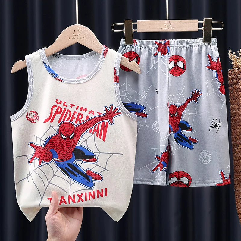 

Boys Suit Summer New Children's Vest Suit Cartoon Spiderman Fashion Leisure Sleeveless Baby Vest + T-Shirt 2pcs Sets Kids