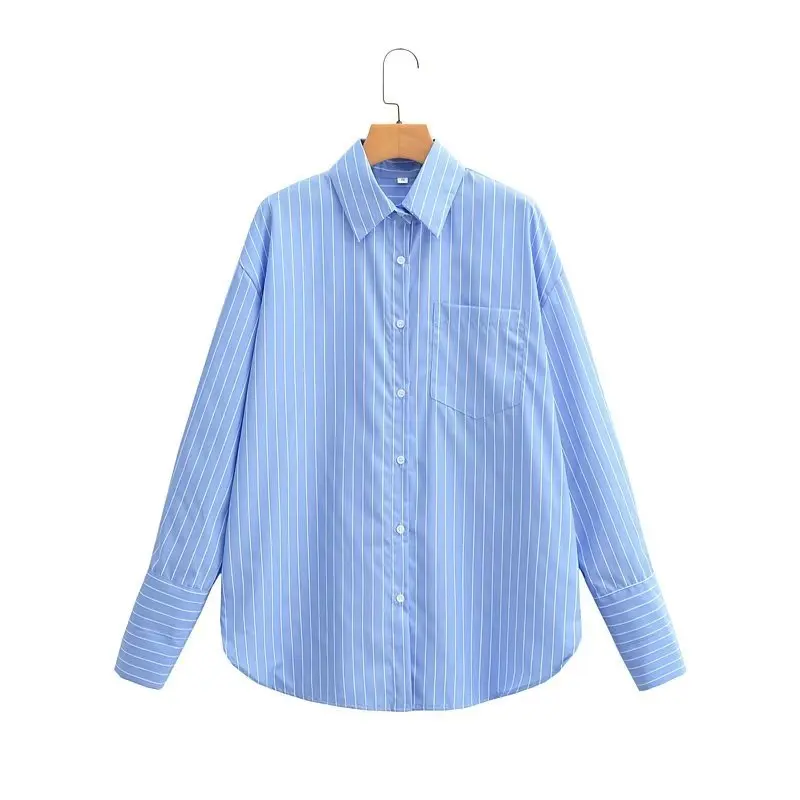 

Brand Casual Loose Blue White Striped Shirts 2022 Autumn New Fashion Blouse Female Lapel Oversized Tops Women Shirts Clothes