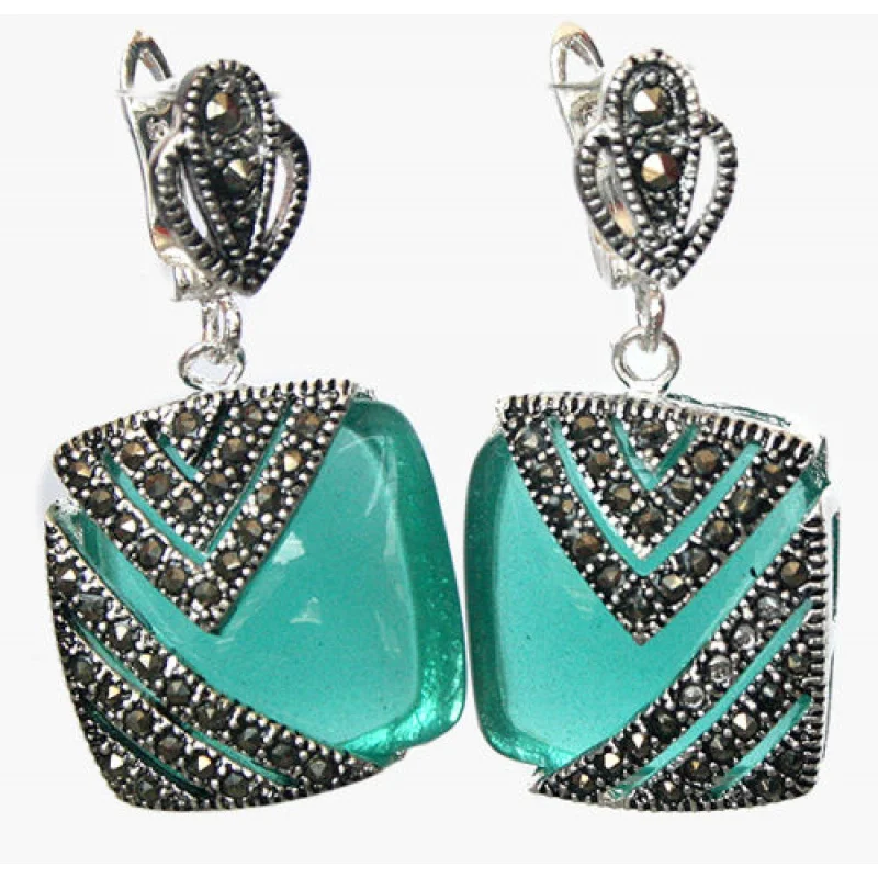 

Natural Green Opal Cat Eye Stone 925 Silver & Marcasite Earrings 1inch;;