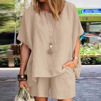 Summer Cotton Linen Suits Casual Tracksuit Women's Shorts+Short Sleeve Shirt Tops Loose Mini Shorts Two Piece Sets Streetwear 1