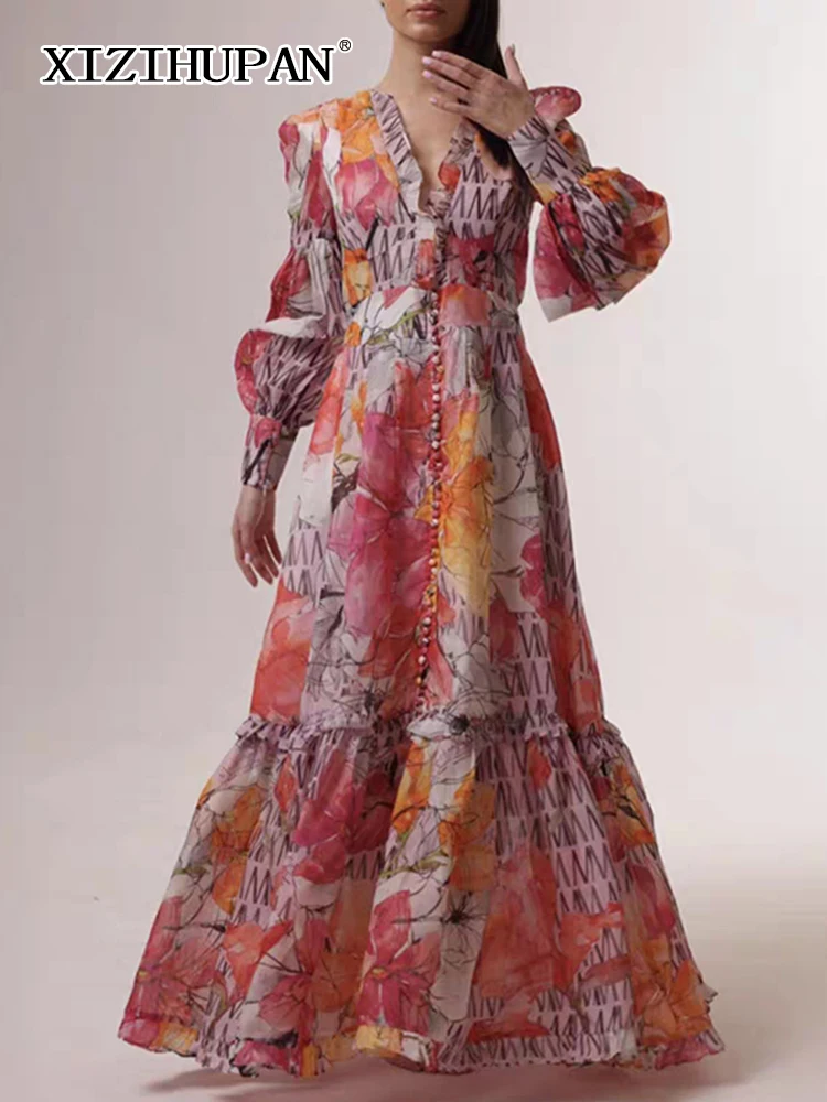 XIZIHUPAN Edible Tree Fungus Printing Dress For Women V Neck Long Sleeve High Waist Mesh Temperament Long Dresses Female Fashion