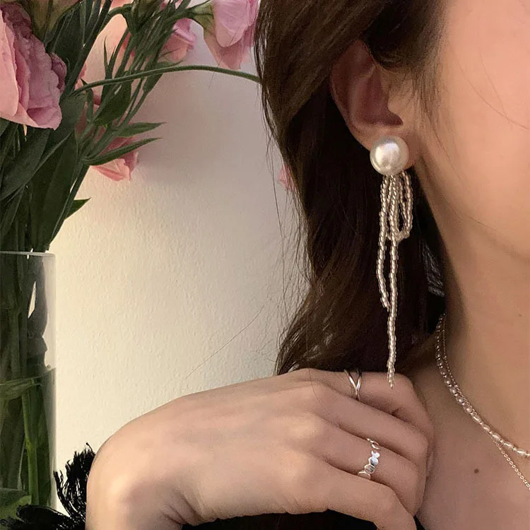 

Luxury Korean Handmade Beads Long Tassel Bowknot Drop Earrings Jewelry