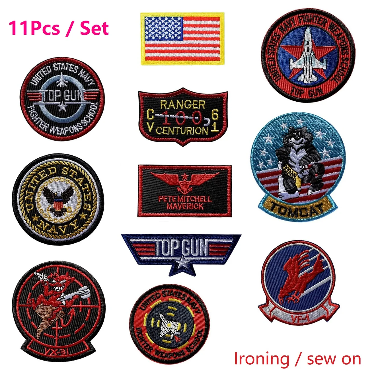 

11Pcs/set Top Gun Tomcat Chapter American Navy Air VF-1 Pilot Armband ironing Embroidery Patch for on sew Clothes Badge Sticker