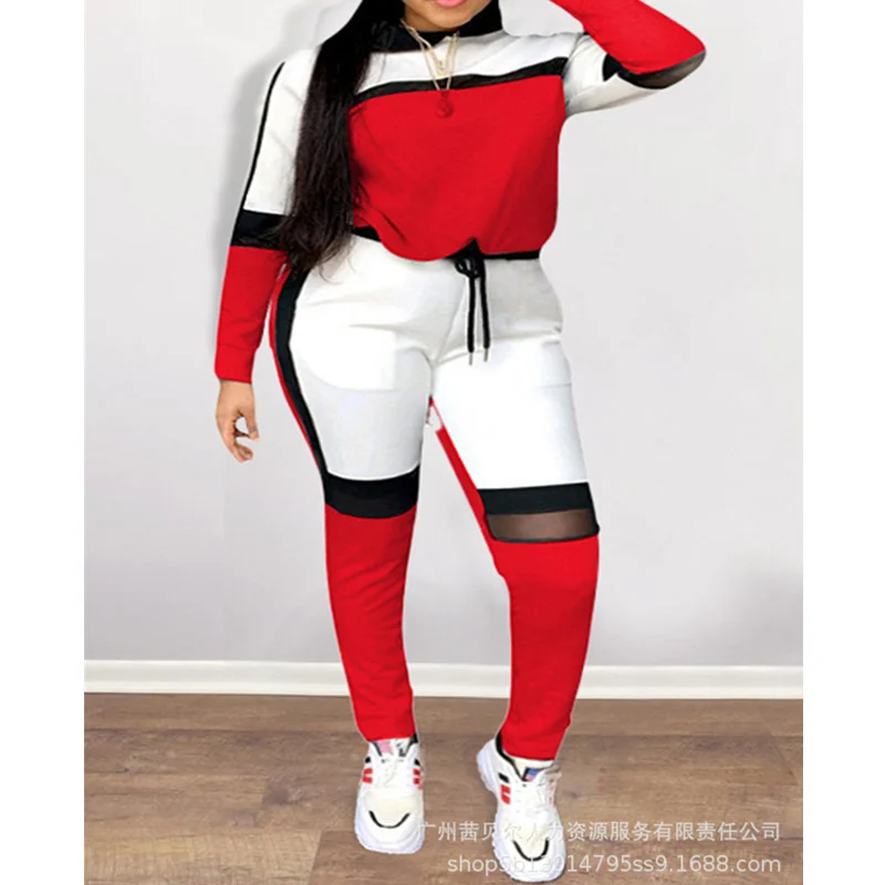 

Mandylandy Women Tracksuit Colorblock Contrast Mesh Long Sleeve Top & Pants Two Piece Set Sportwear Sports Suit Hoodies Suit