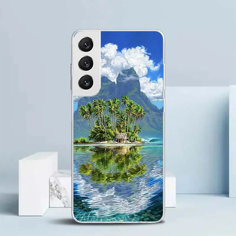 Чехол для Samsung Galaxy S23 S22 S21 Ultra S20 FE S10 Plus мягкий чехол с принтом морской пальмы закат