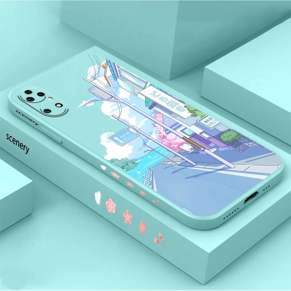 Japan Anime Scenery Landscape Phone Case For Huawei P60 P50 P40 P30 P20 Mate 50 40 30 20 20X 10 Colour Liquid Silicone Cover