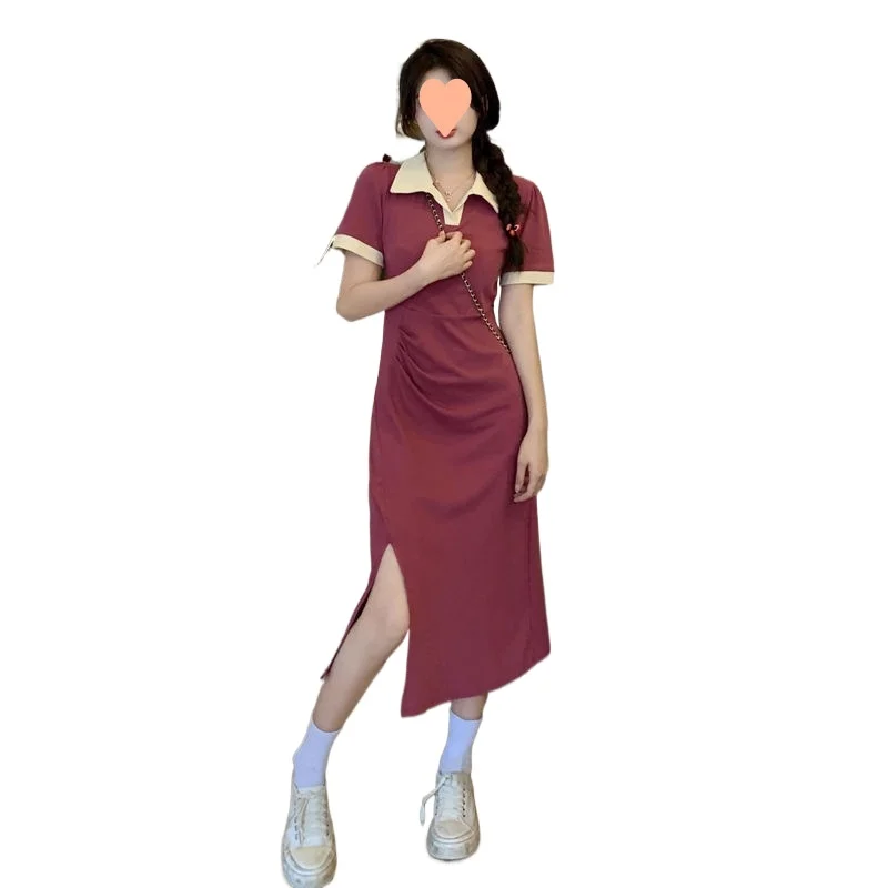 

Trendy 2023 Autumn Korean Style Color-blocking Polo Neck Split Dress with Design Details and Slimming Effect Streetwear Women