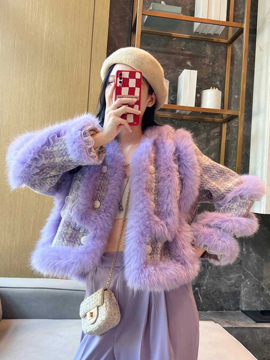 2022 Winter New Luxury Fox Fur Stitching Purple Fur Coat Women Socialite V-neck Long Sleeve Double Breasted Woolen Jacket Casaco
