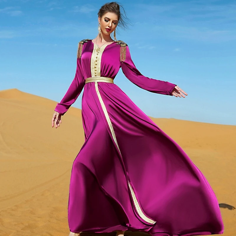 

Spring New Africa Clothing Muslim Rose Red Elegant Fashion Epaulette Long Dress Big Swing Dress Party Maxi Robe Female Vestidos