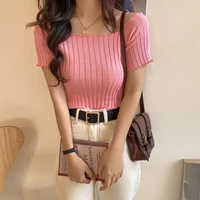 2022 summer shirts for women y2k top sexy girls knitted short sleeve elastic ruffle t shirt womens blouses and tops