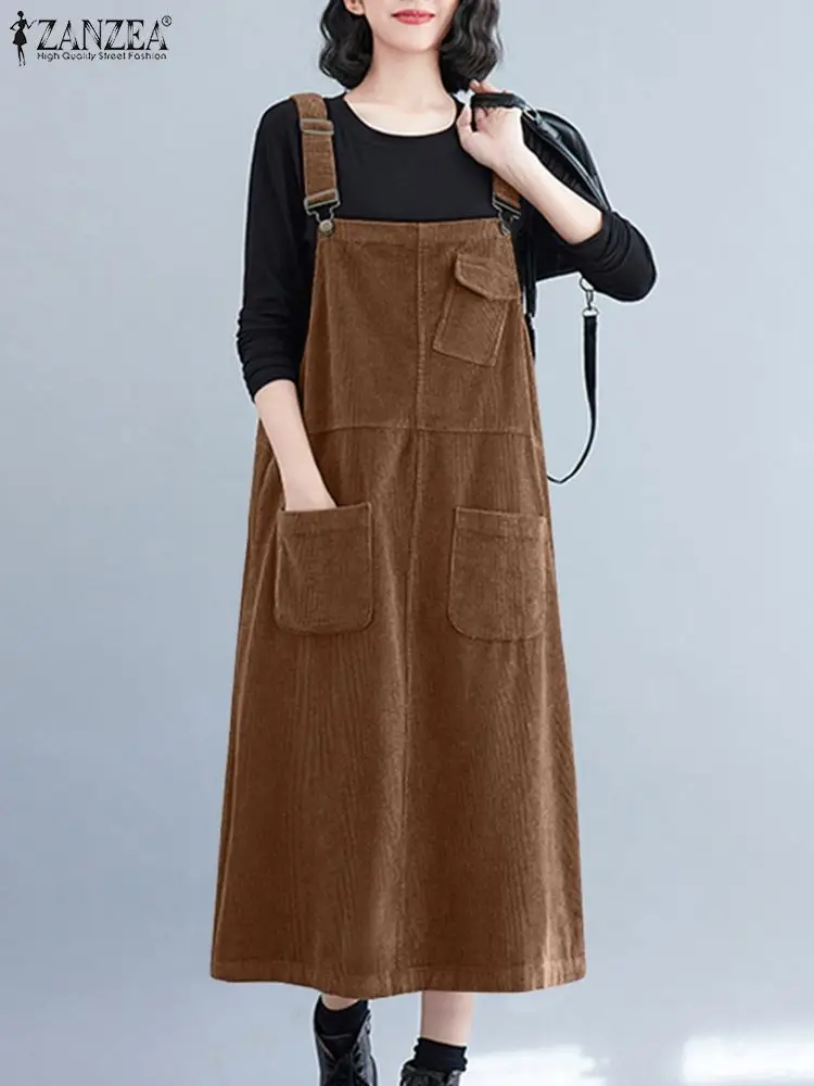 Винтажное вельветовое платье ZANZEA модный Однотонный сарафан на бретельках