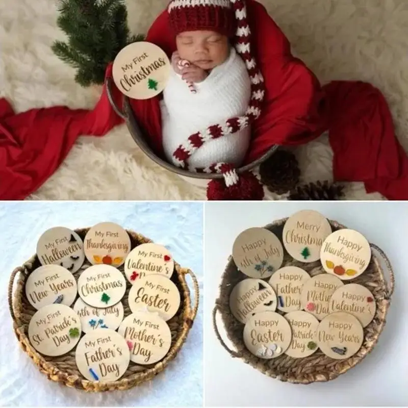 

10Pcs Baby Holiday Milestone Cards Wooden Milestones Memorial Monthly Commemorate Baby's First Year Birth Photo Prop For Newborn