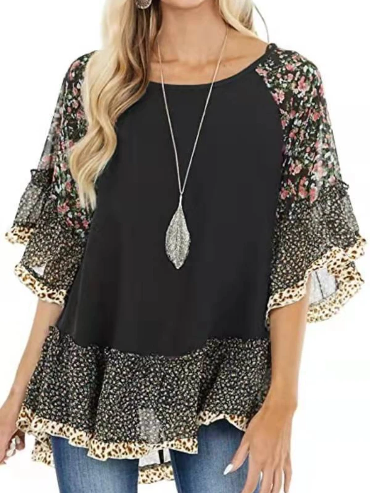 

Casual Fashion Printed Lace Patchwork Leopard T-shirt Spring Summer Half Flare Sleeve O-neck Loose Top Women's Clothing T-Shirts