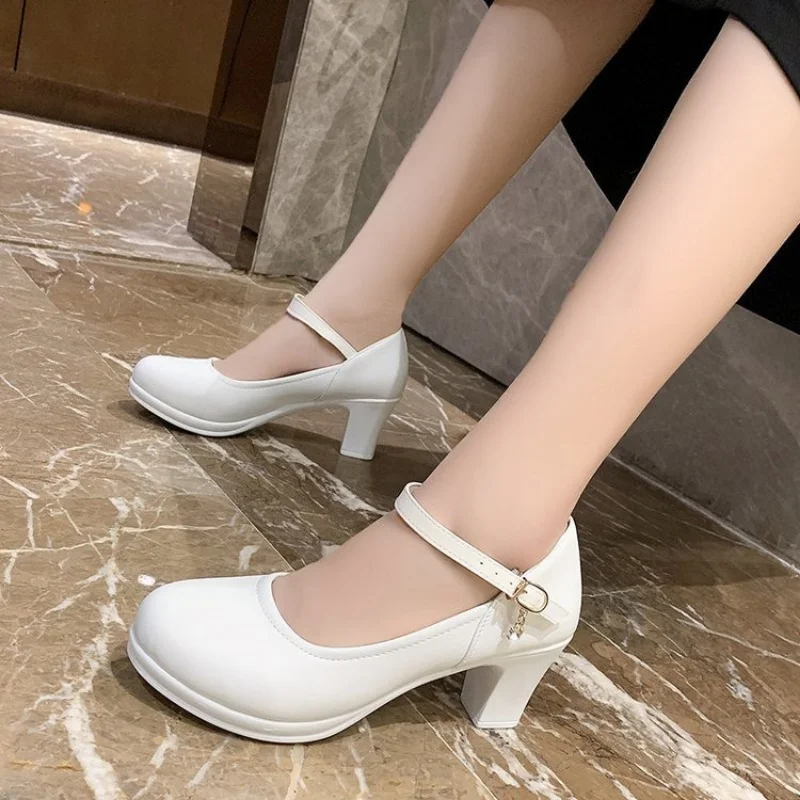 

2022 New Women Dress Shoes Medium Heels Mary Janes Shoes Patent Leather Pumps Ankle Strap Ladies Shoe Office Zapatos Mujer
