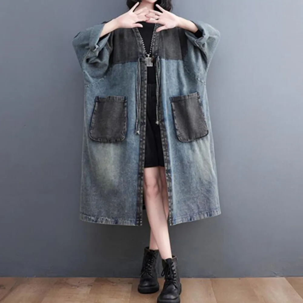 

Vintage Long Denim Jacket For Women Trench Coat Cardigan Jeans Cape Loose Long Sleeve Coat Autumn Streetwear